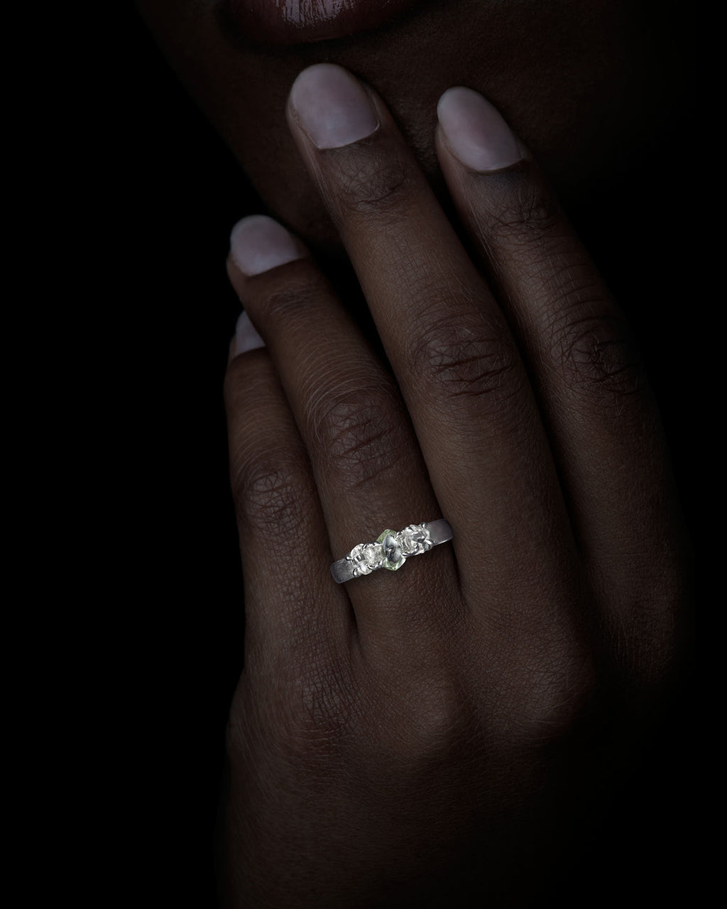 2.19 ct. – Green & White Trio Rough Diamond White Gold Ring