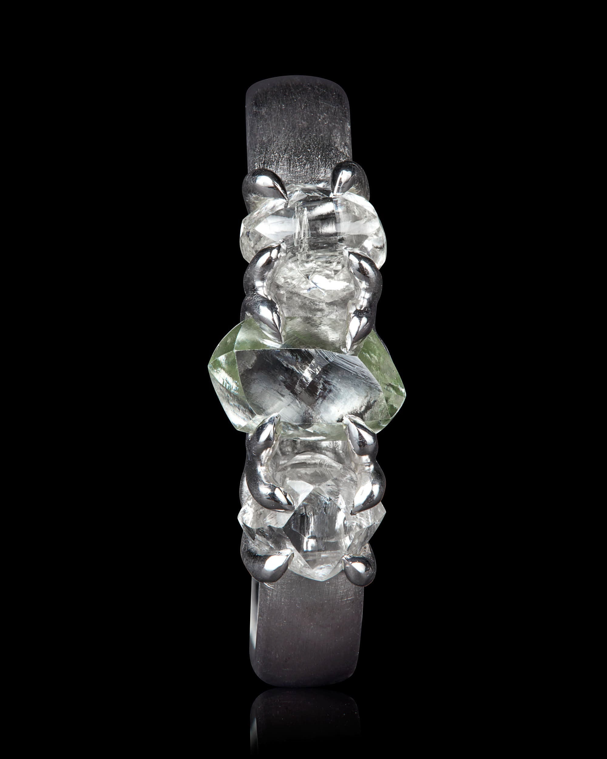 2.19 ct. – Green & White Trio Rough Diamond White Gold Ring