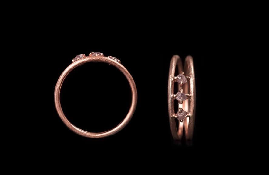 0.21 ct. Natural Light Pink Rough diamonds in 14K double rose gold ring