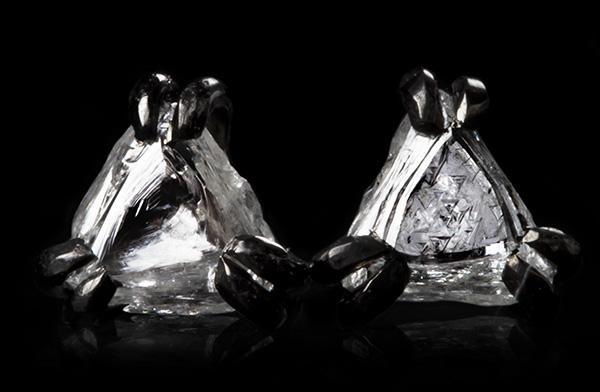 0.44 ct. Natural Whitish Triangle Rough diamonds in 14K black rhodium white gold stud earrings