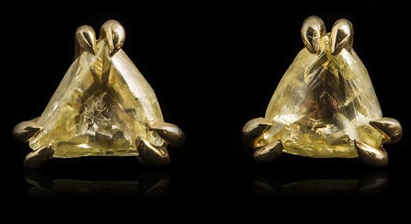 1.35 ct. Natural Fancy Yellow Triangle Rough diamonds in 14K gold earrings
