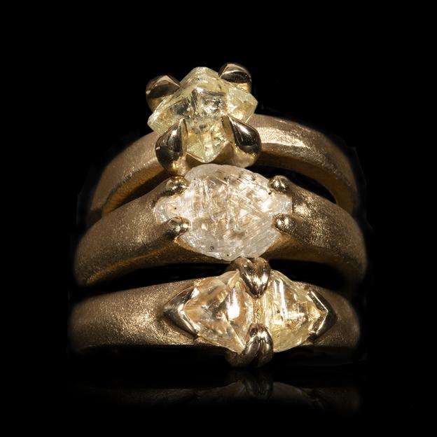 1.99 ct. Natural Light Yellow Rough diamond in 14K gold ring1.98 ct. Natural Whitish Rough diamond in 14K gold ring1.34 ct. Natural Yellow Rough diamonds in 14K gold ring