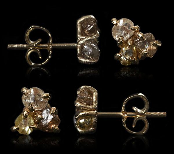 2.04 ct. Natural Rough diamonds in glossy 14K gold earrings
