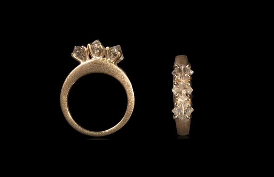 2.19 ct. Natural Whitish Clear Octahedron Rough diamonds in 14K gold ring