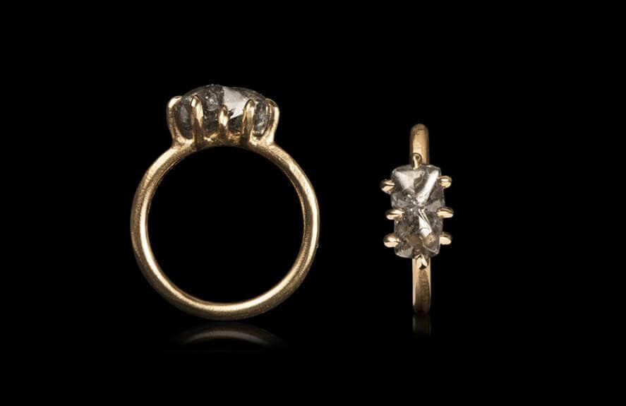 2.99 ct. Natural Dark Grey Double Crystal Rough diamond in 14K gold ring