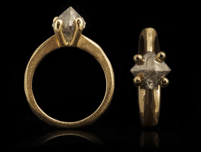 2.56 ct. Natural Greyish Octahedron Rough diamond in 14K gold ring