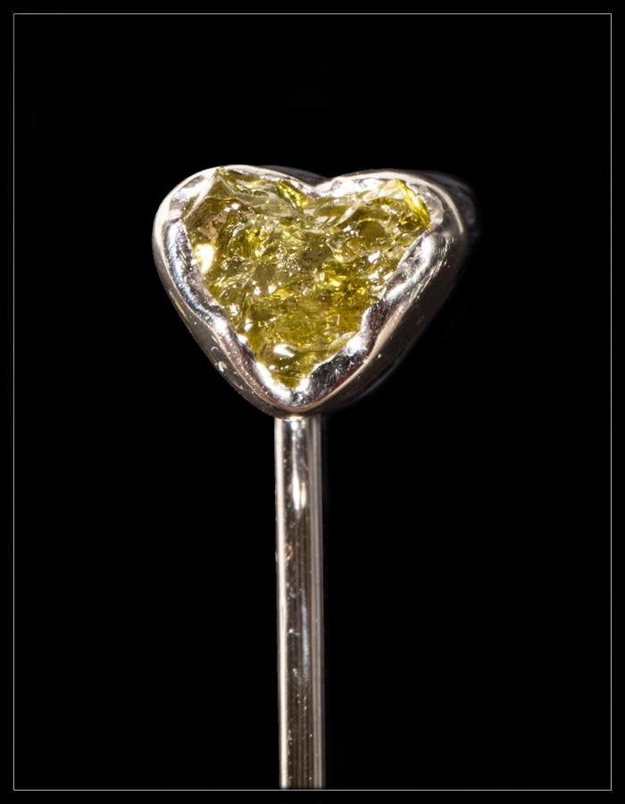 Natural Fancy Green “Heart” Rough Diamond in 18K Handcrafted White Gold Pin - 0.40 ct.